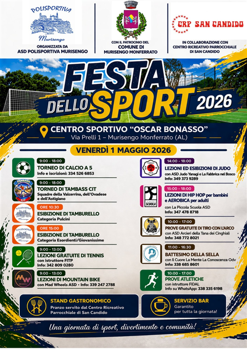 Festa dello Sport 2026
1° maggio 2026 dalle ore 9:00 alle ore 18:00